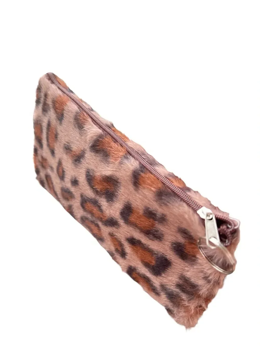 Brown Leopard Print Faux Fur Wristlet Clutch